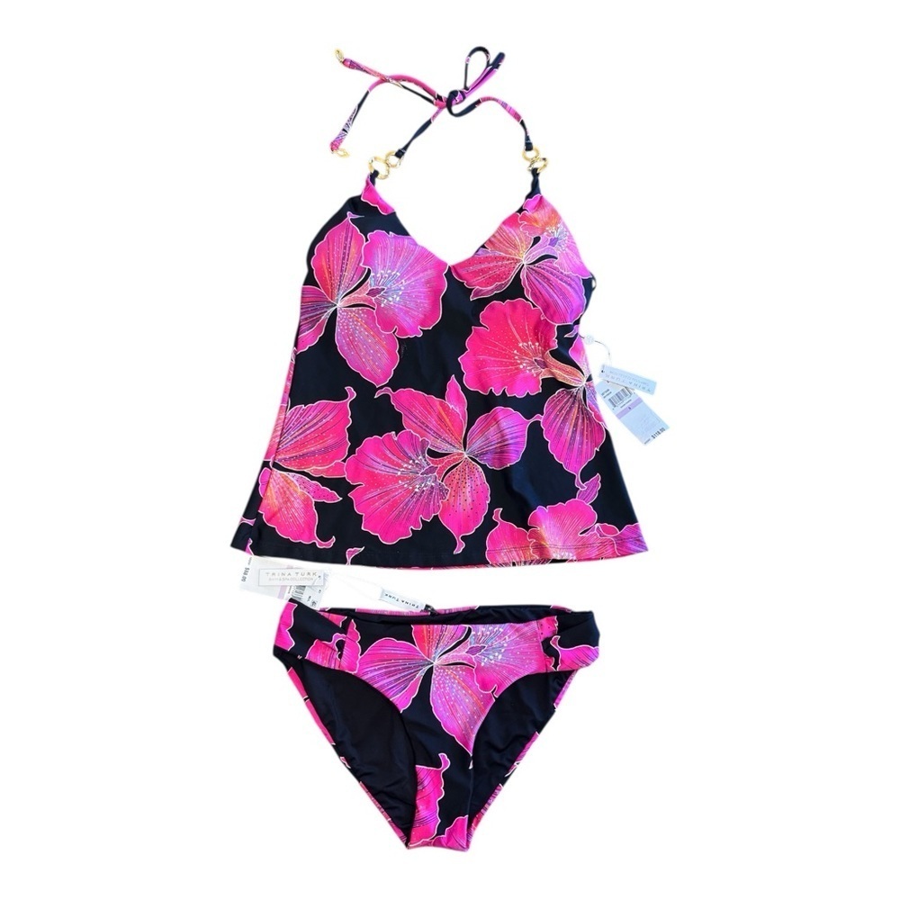 Trina Turk Fleury Chain-Trim Tankini Top Shirred-Side Hipster Bikini Bottoms Nwt